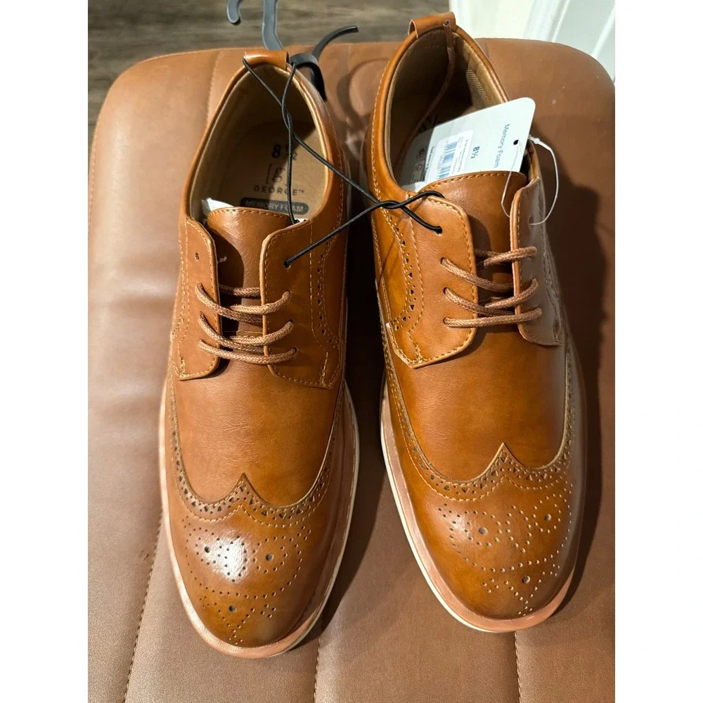 George Mens Wingtip Oxford Shoes Tan Brown Memory Foam Comfort Size 8.5 NEW